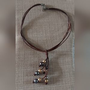Handmade Gold & Peacock Pearl And Brown Leather Dangle Necklace